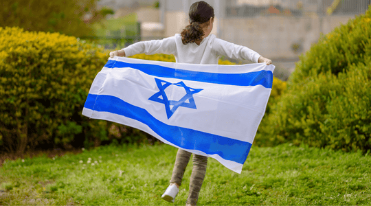 ילדה אשר אוחזת בדגל ישראל כחול לבן עם מגן דוד כחול. ברקע דשא וצמחייה