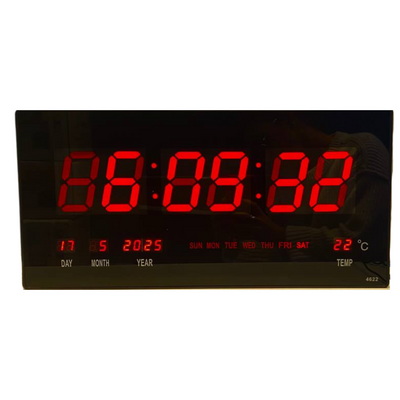 שעון קיר דיגיטלי ענק במידות 47X23 ס"מ. אור אדום, כולל שעון מעורר, מד טמפרטורה ותאריך