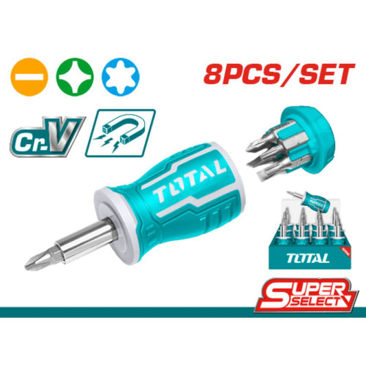 מברג רב שימושי 8 ב-1 מפלדת Cr-V עם ידית קצרה, כולל 7 ביטים 1/4" במידות שונות לעבודות הברגה מגוונות