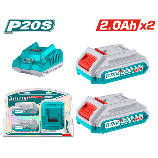 סט סוללות ומטען Total Tools P20S - 2 סוללות ליתיום 20V 2.0Ah + מטען חכם