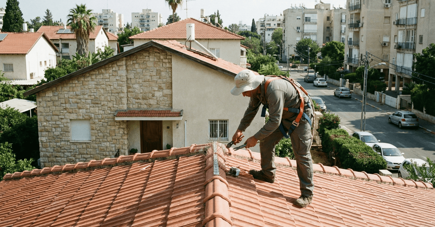 חיבור דוקרן נגד יונים לגג רעפים - התקנת דוקרנים: הרחקת יונים מגג רעפים