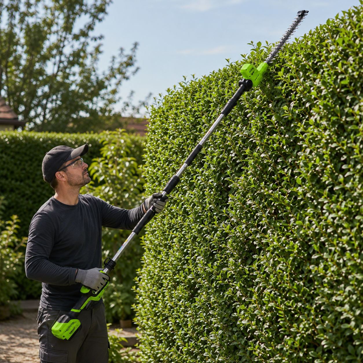 גוזם גדר חיה טלסקופי Greenworks 24V מגיע עד 2.74 מטר גובה, חותך גדרות גבוהות בלי סולם