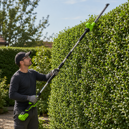 גוזם גדר חיה טלסקופי Greenworks 24V מגיע עד 2.74 מטר גובה, חותך גדרות גבוהות בלי סולם
