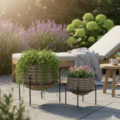 סט זוג עציצי נצרים עגולים על מעמד מתכת – שילוב של טבע ועיצוב מודרני