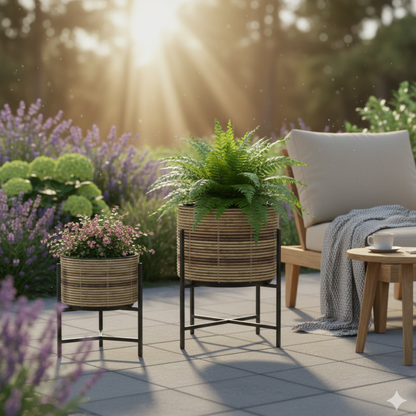 סט זוג עציצי נצרים עגולים על רגליים עם עציץ פנימי בעיצוב בוהו-שיק טבעי