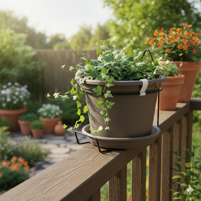 קיט עציץ גפן לתלייה על מעקה כולל מתקן ברזל, ווי תלייה ותחתית ניקוז (קוטר 20 ס״מ, גובה 14 ס״מ), מתאים למעקות עד 6 ס״מ, זמין במגוון צבעים לבחירה