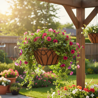 סלסלת קוקוס ריבועית עציץ לתלייה (30×30×17.5 ס״מ) עם מתלה מפלדת מתכת