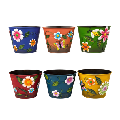 סט 6 עציצי מתכת מעוצבים עם עיטורי תלת-ממד – צבעוניות מתפרצת לבית ולגינה