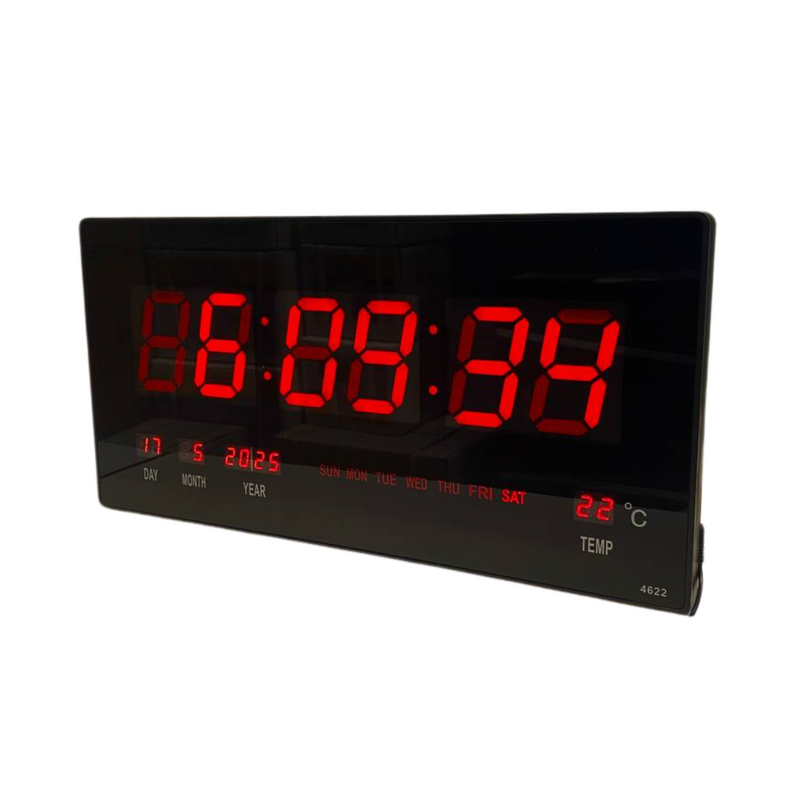 שעון קיר דיגיטלי במידות 36.5X16.5 ס"מ. אור אדום, כולל שעון מעורר, מד טמפרטורה ותאריך