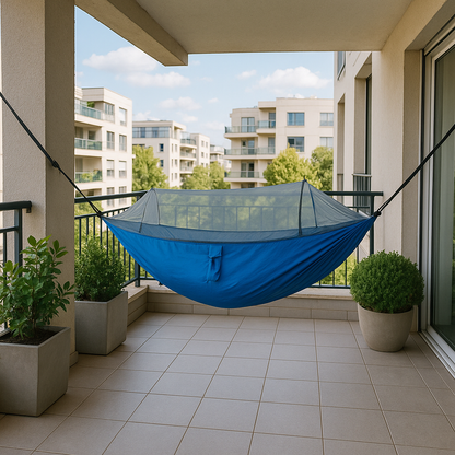 ערסל גדול וחזק במיוחד, כולל רשת מובנת להגנה מפני יתושים וחרקים, מסופק עם חבלי קשירה