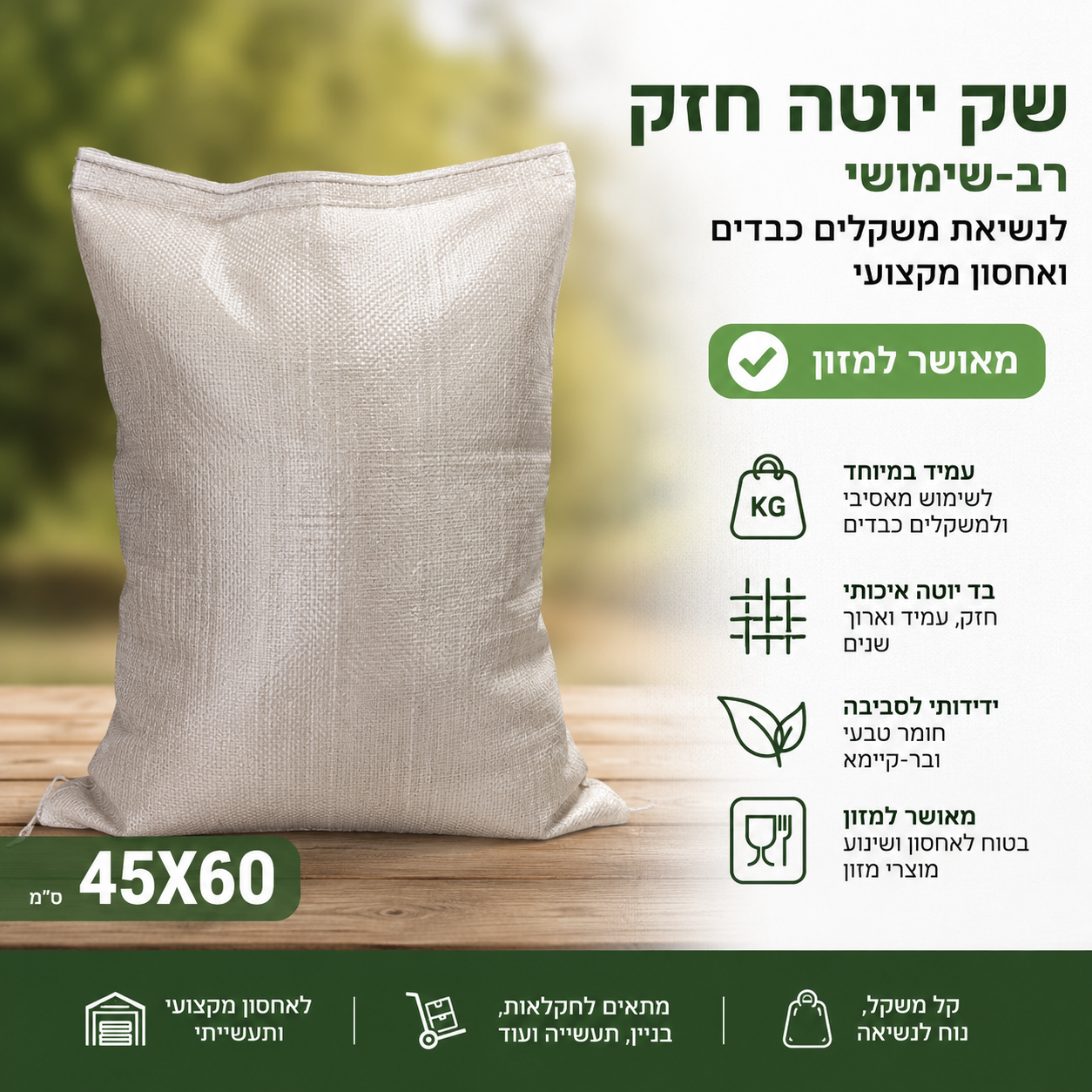 שק יוטה חזק צור מרקט | 45×60 ס״מ | מאושר לאחסון מזון | רב פעמי וניתן