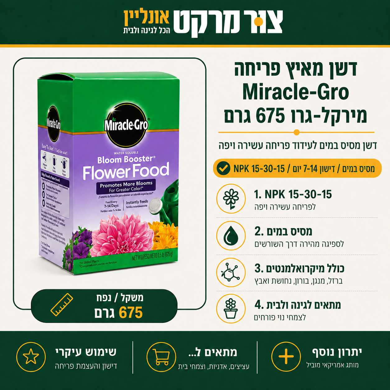 דשן מאיץ פריחה Miracle-Gro מירקל-גרו 675 גרם - NPK 15-30-15 - מסיס במים - לצמחי נוי