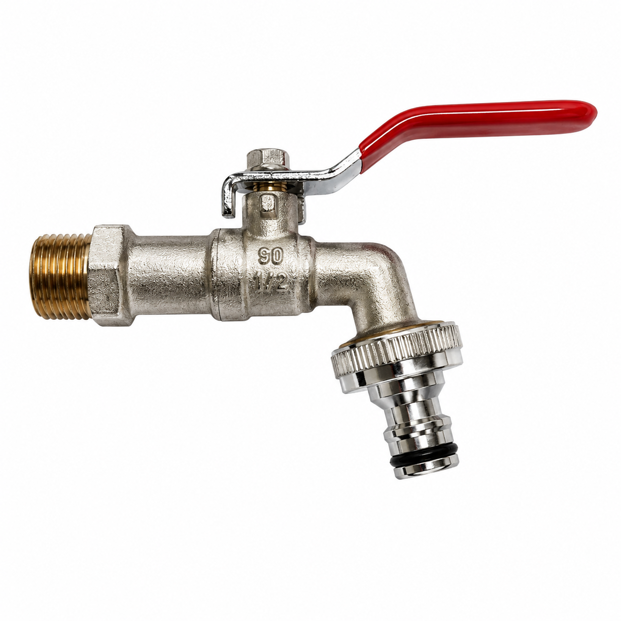 ברז גן פליז - 1/2" SD - מחבר מהיר מובנה - ידית אדומה - חיבור קיר זכר 1/2"