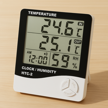 מד טמפרטורה ולחות דיגיטלי HTC-2 לגינות וחממות – ניטור אקלים מלא IN/OUT