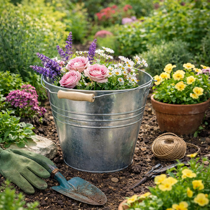 דלי פח רטרו 10 ליטר עם ידית עץ – מתאים לצמחים ולעיצוב הגינה