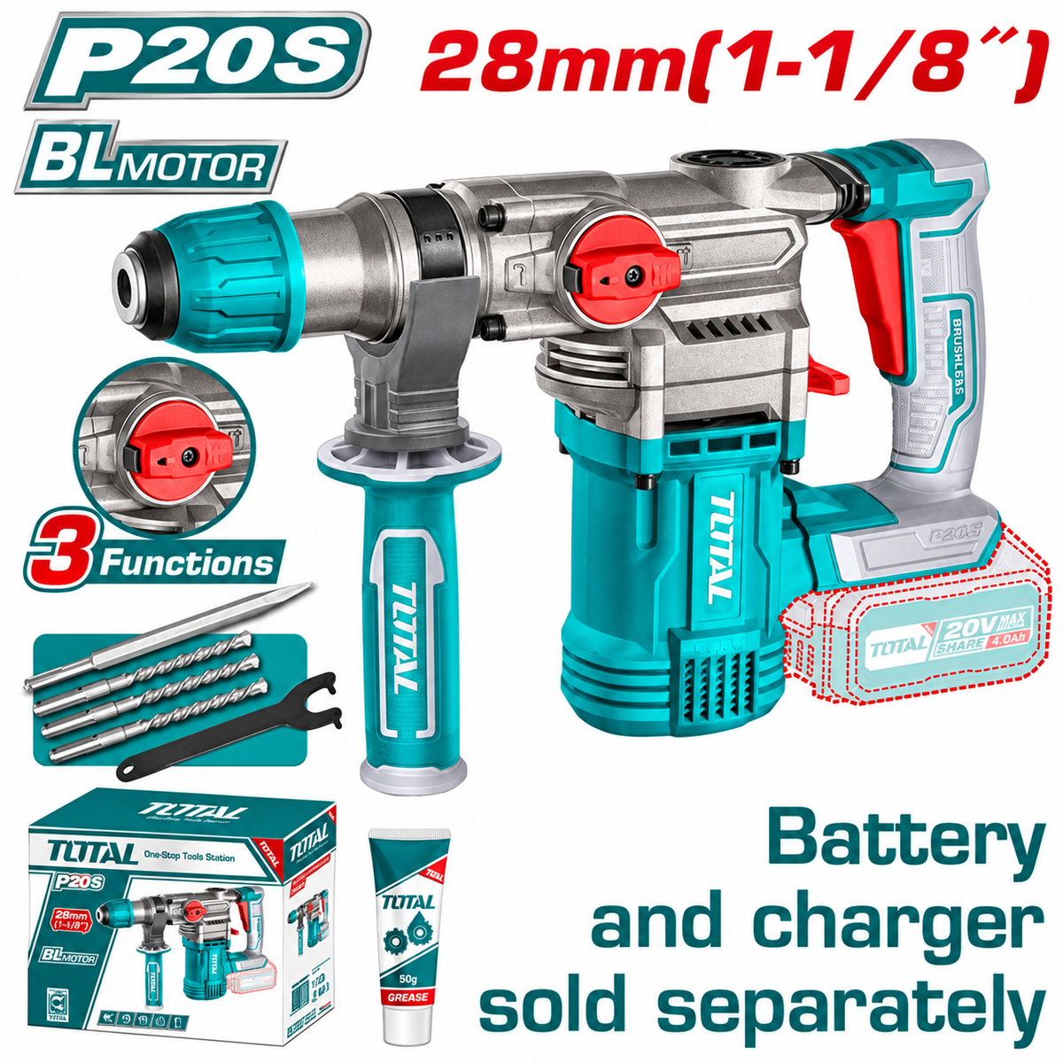 פטיש חציבה נטען 20V עם מנוע Brushless, 3 פונקציות עבודה וקצב פגיעה גבוה לעבודות קידוח וחציבה