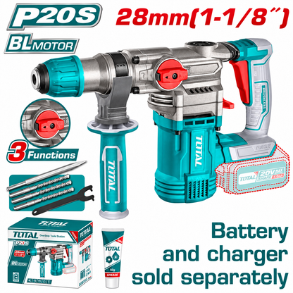 פטיש חציבה נטען 20V עם מנוע Brushless, 3 פונקציות עבודה וקצב פגיעה גבוה לעבודות קידוח וחציבה