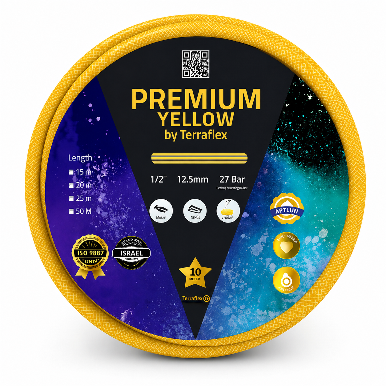 צינור גינה Terraflex PREMIUM YELLOW | 15 מ' | 1/2" (12.5 מ"מ) | לחץ עבודה 27 בר | תקן ISO 9001 | אחריות 10 שנים | תוצרת ישראל