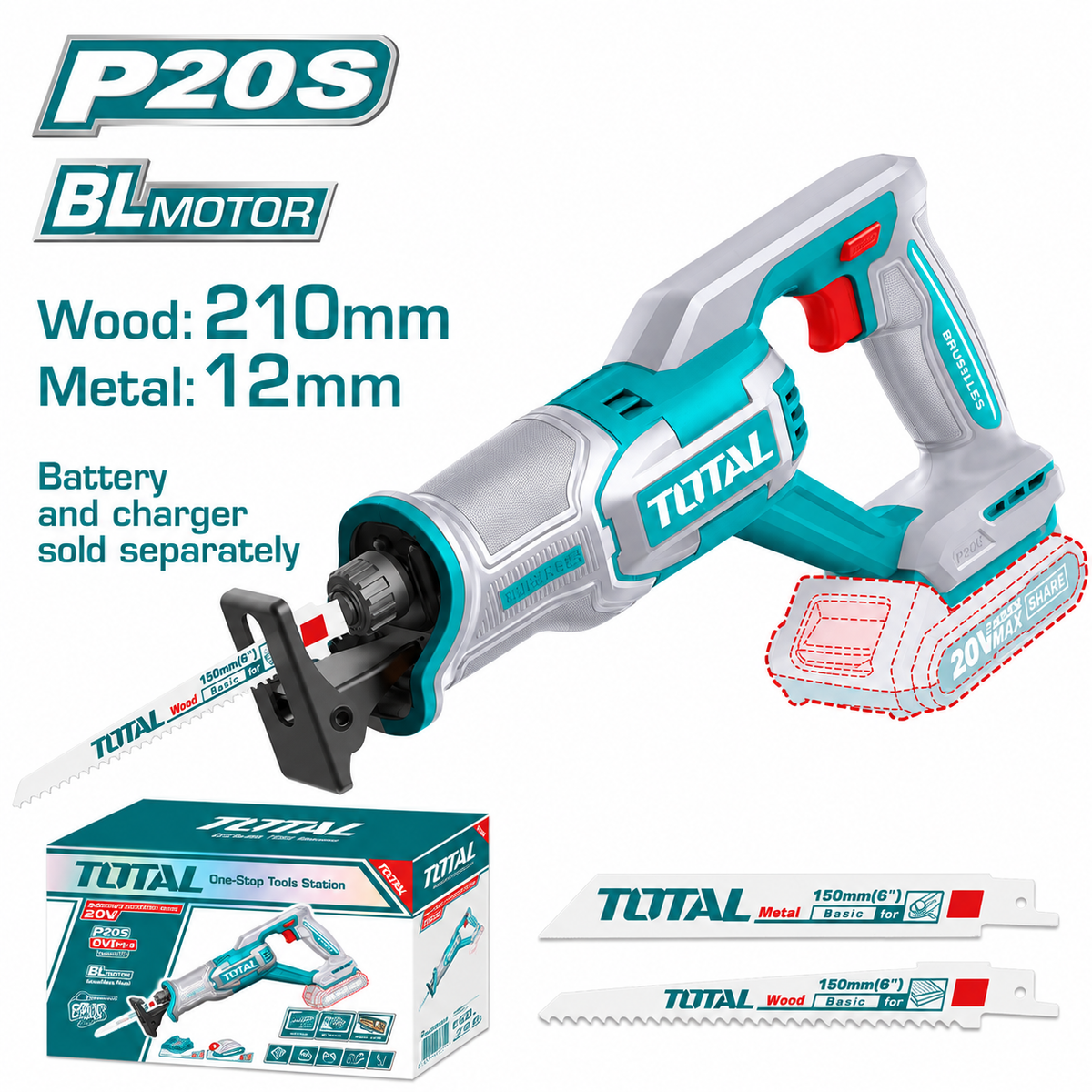 מסור חרב נטען TOTAL 20V עם מנוע ברושלס לחיתוך מהיר ומדויק בעץ ובמתכת עבודות הריסה, שיפוץ