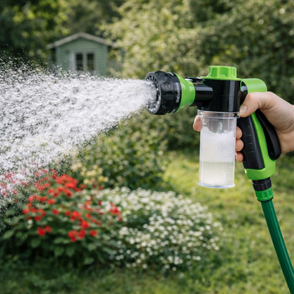 אקדח חכם לצינור השקיה, אקדח לצינור בעל 8 מצבי השקיה כולל מיכל לסבון