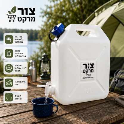 ג'ריקן מים 10 ליטר עם ברז וסתום - לבן - תוצרת אירופה - לקמפינג, חירום וגינה