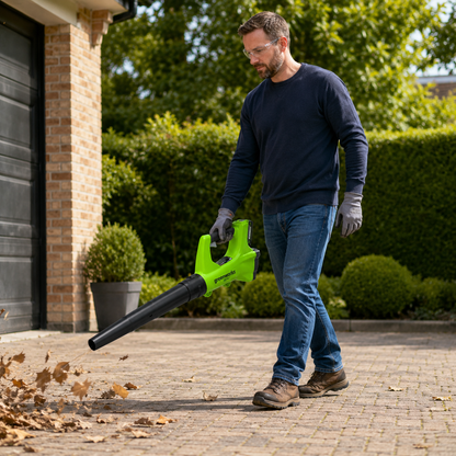 מפוח עלים נטען Greenworks BA24B210 24V - קיט שלם הכולל סוללה ומטען מהיר, 330 CFM ו-100