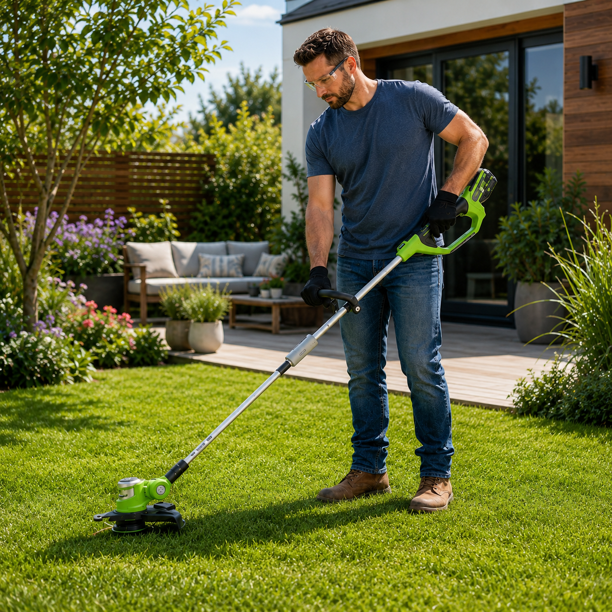 גוזם דשא וקוצץ קנטים נטען Greenworks 24V עם ראש מתכוונן, מוט טלסקופי וקיט מלא הכולל 2