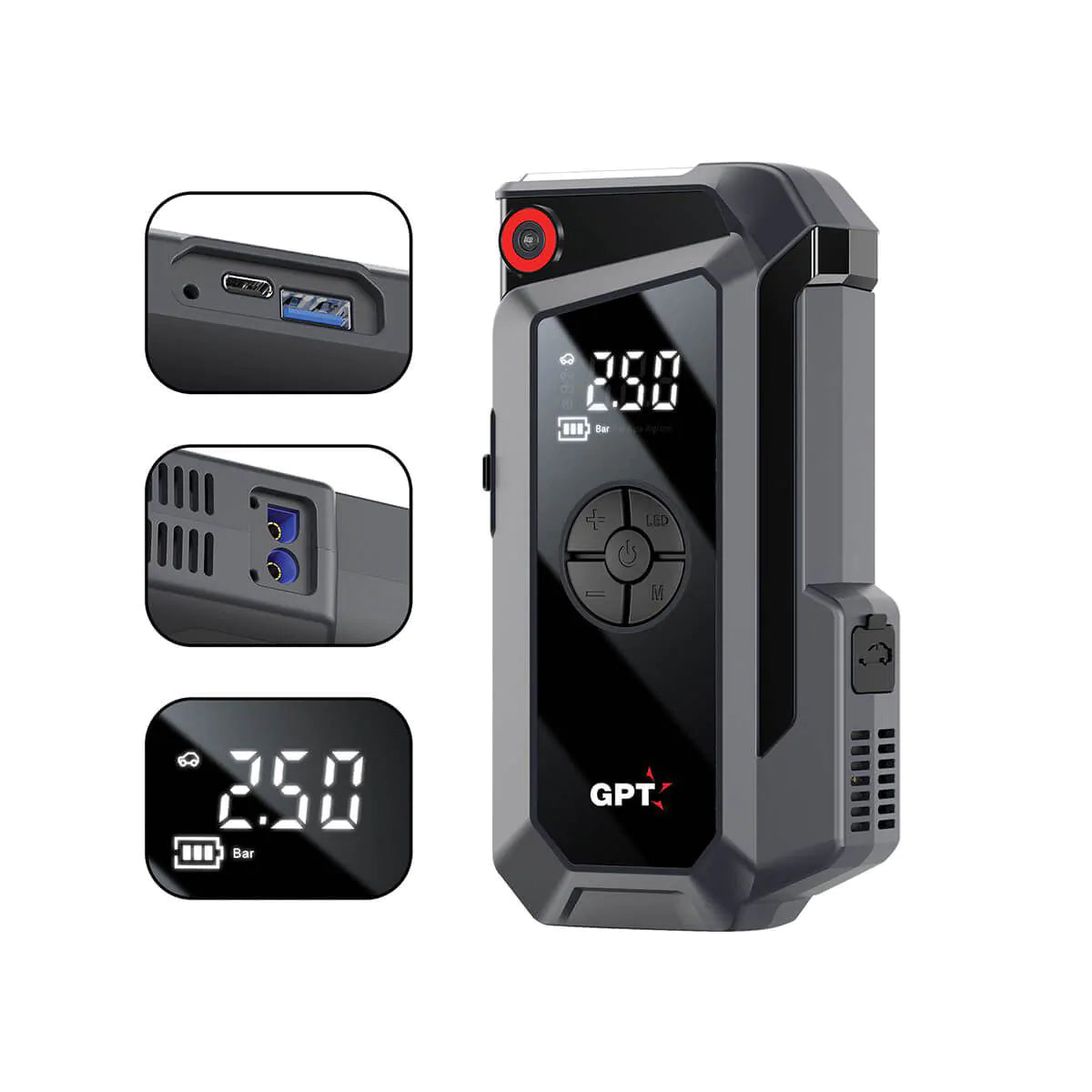 בוסטר התנעה עם קומפרסור ניפוח, 8000mAh, 600A, 150 PSI, פנס לד, USB 5V