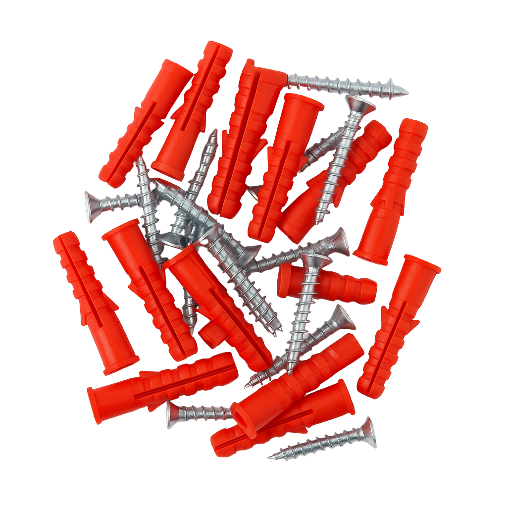 דיבל פלסטיק 7 מ"מ + בורג 4.5X35 מ"מ צבע אדום - סט 20 יחידות לתלייה והתקנה בקירות גבס ובטון