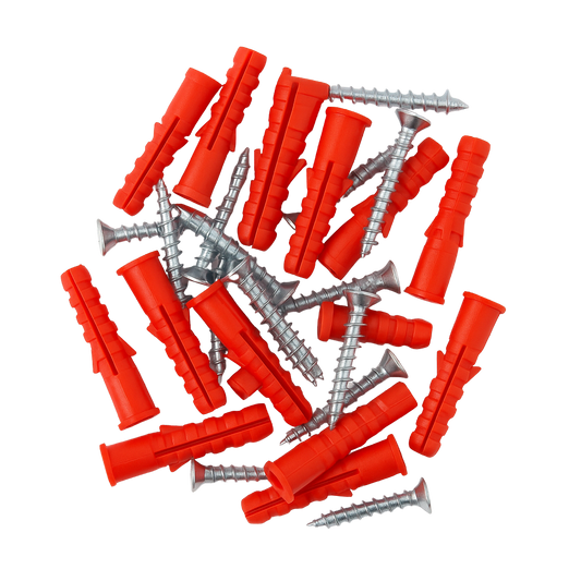 דיבל פלסטיק 7 מ"מ + בורג 4.5X35 מ"מ צבע אדום - סט 20 יחידות לתלייה והתקנה בקירות גבס ובטון