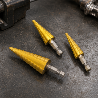 סט מקדחים מדורגים TOTALTEC בציפוי טיטניום לקידוח מדויק במתכת, פח ועץ - כולל נרתיק נשיאה קידוח