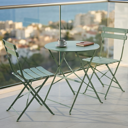 סט ביסטרו מתקפל ירוק - שולחן עגול + 2 כיסאות - ברזל מגולוון - למרפסת וגינה