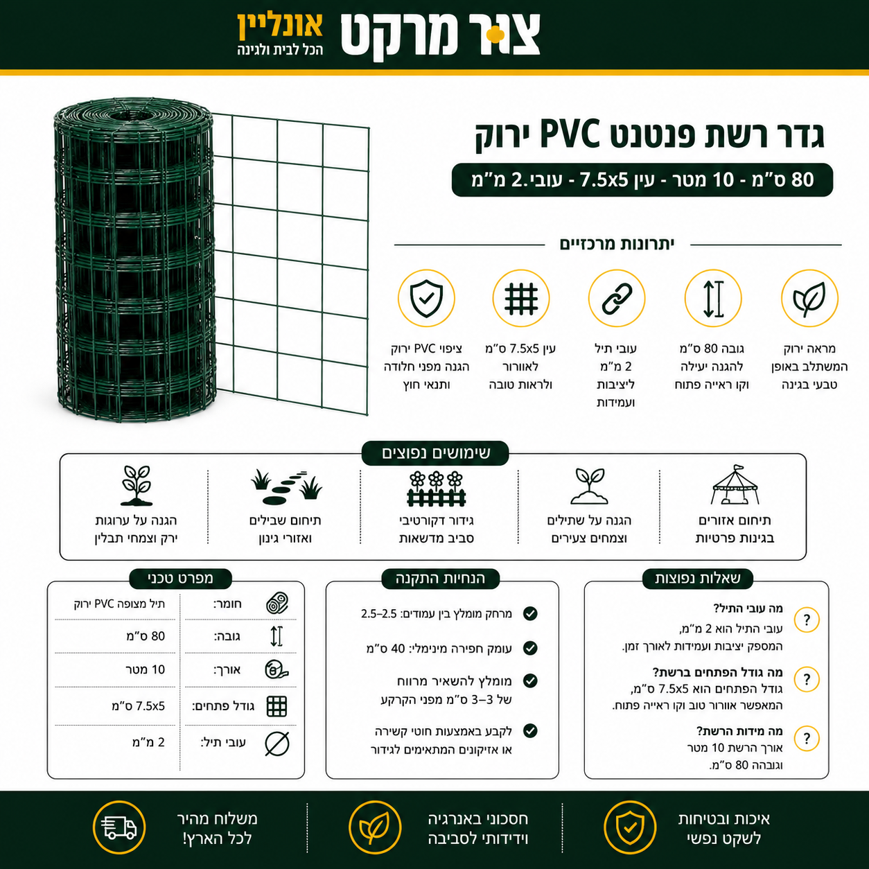 רשת פנטנט מצופה PVC ירוק | פתחים 7.5x5 ס"מ | לגידור ערוגות שבילים ותיחום גינה גידור