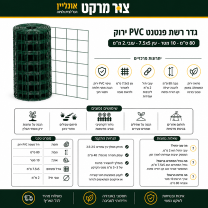 רשת פנטנט מצופה PVC ירוק | פתחים 7.5x5 ס"מ | לגידור ערוגות שבילים ותיחום גינה גידור