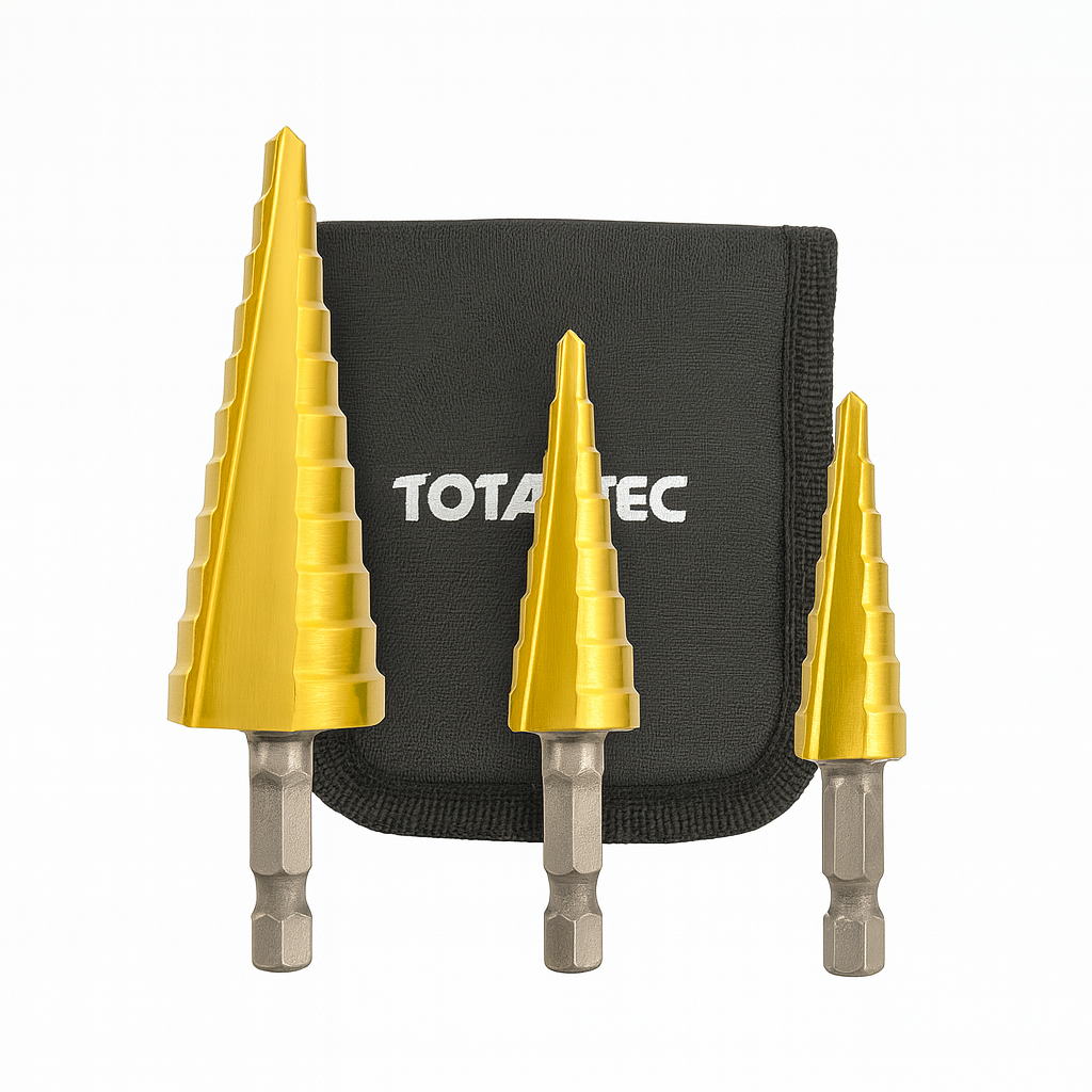 סט 3 מקדחים מדורגים מקצועיים TOTALTEC HSS | מקדחי טיטניום לברזל ומתכת | 4-32 מ"מ
