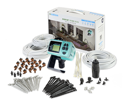 ערכת השקיה אוטומטית למרפסת עם בקר גלקון 1100L – עד 20 עציצים, תכנות דיגיטלי נוח