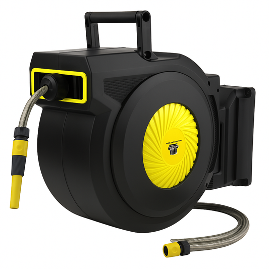 גלגלת השקיה אוטומטית איכותית עם צינור 1/2" – אורך 20 מטר, כולל מחברים 3/4 ולחץ עבודה 150 PSI