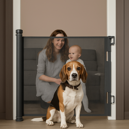 שער בטיחות נשלף לכלבים עשוי רשת בצבע אפור, איכותי ביותר, רוחב מקסימלי 1.5 מטר