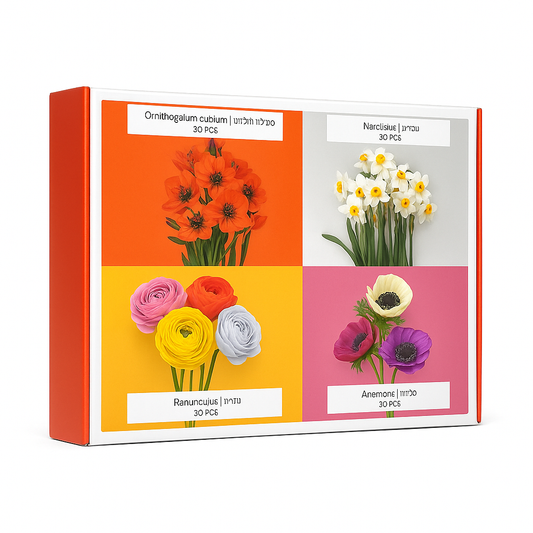 מארז פקעות פרחי אביב – נורית, כלנית, נרקיס ופרזיה