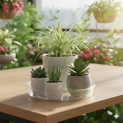 צלחת פולי שקופה לעציץ עגול מפלסטיק איכותי (קוטר28 ס״מ, גובה 4.2 ס״מ), תחתית לעציץ לאיסוף נוזלים ולהגנה על משטחים