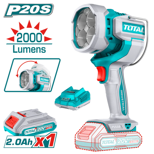 פנס עבודה נטען 20V סופר איכותי עם סוללה 2Ah, מטען מהיר ו-3 מצבי תאורה