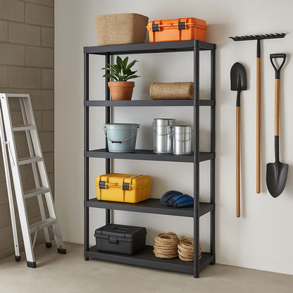 סט 5 מדפים פלסטיק חזק – רוחב 90 ס"מ, עומק 40 ס"מ, גובה 180 ס"מ – כושר נשיאה עד 250 ק"ג