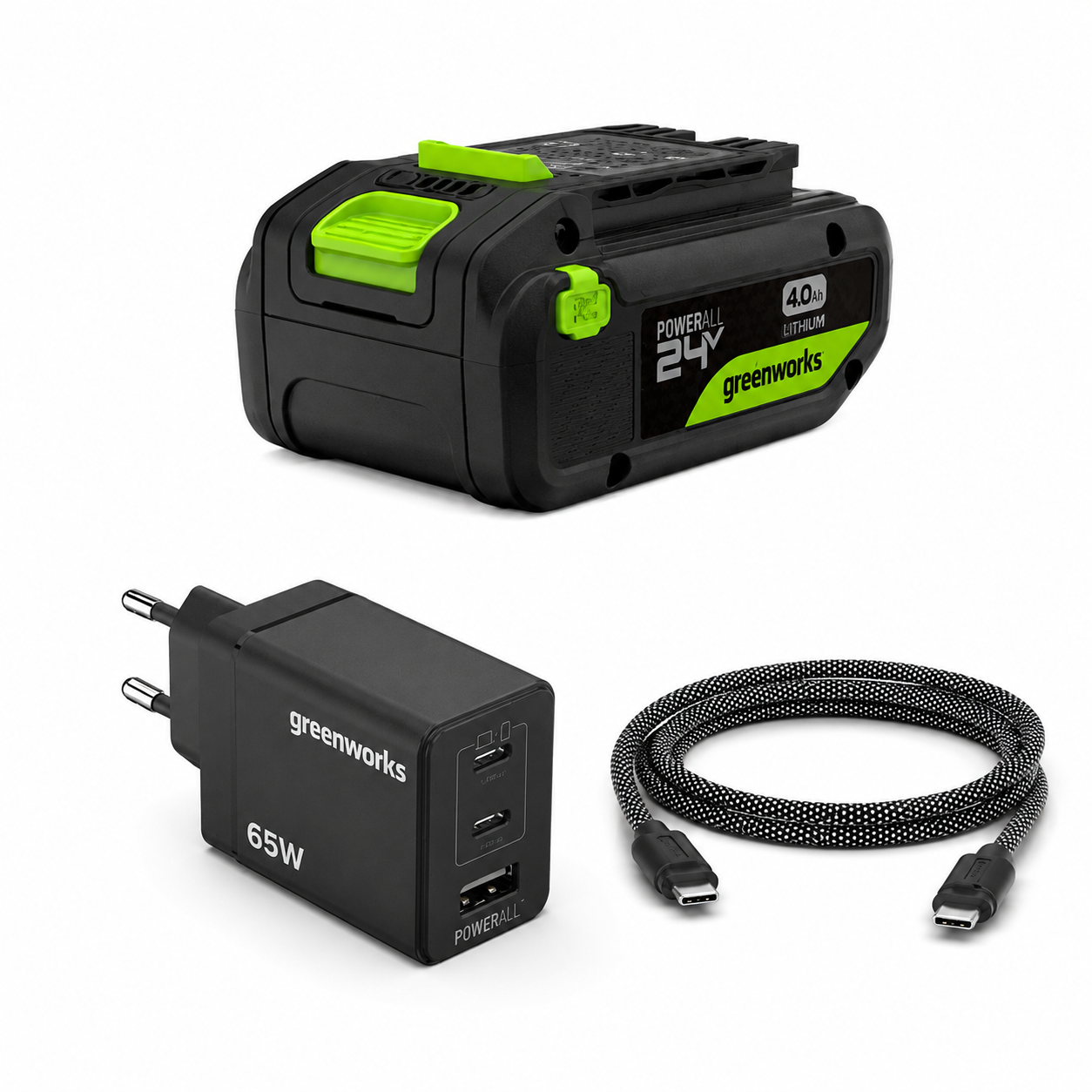 קיט הטענה Greenworks 24V - סוללה 4Ah + מטען USB-C 65W