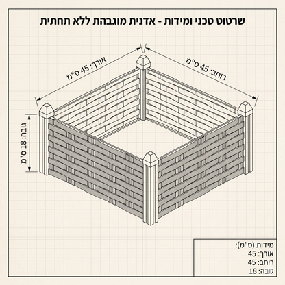 ערוגת גן מוגבהת מפלסטיק קשיח בצבע שחור, מונחת על האדמה ללא תחתית. מיועדת לגידול ירקות וצמחים בגינה