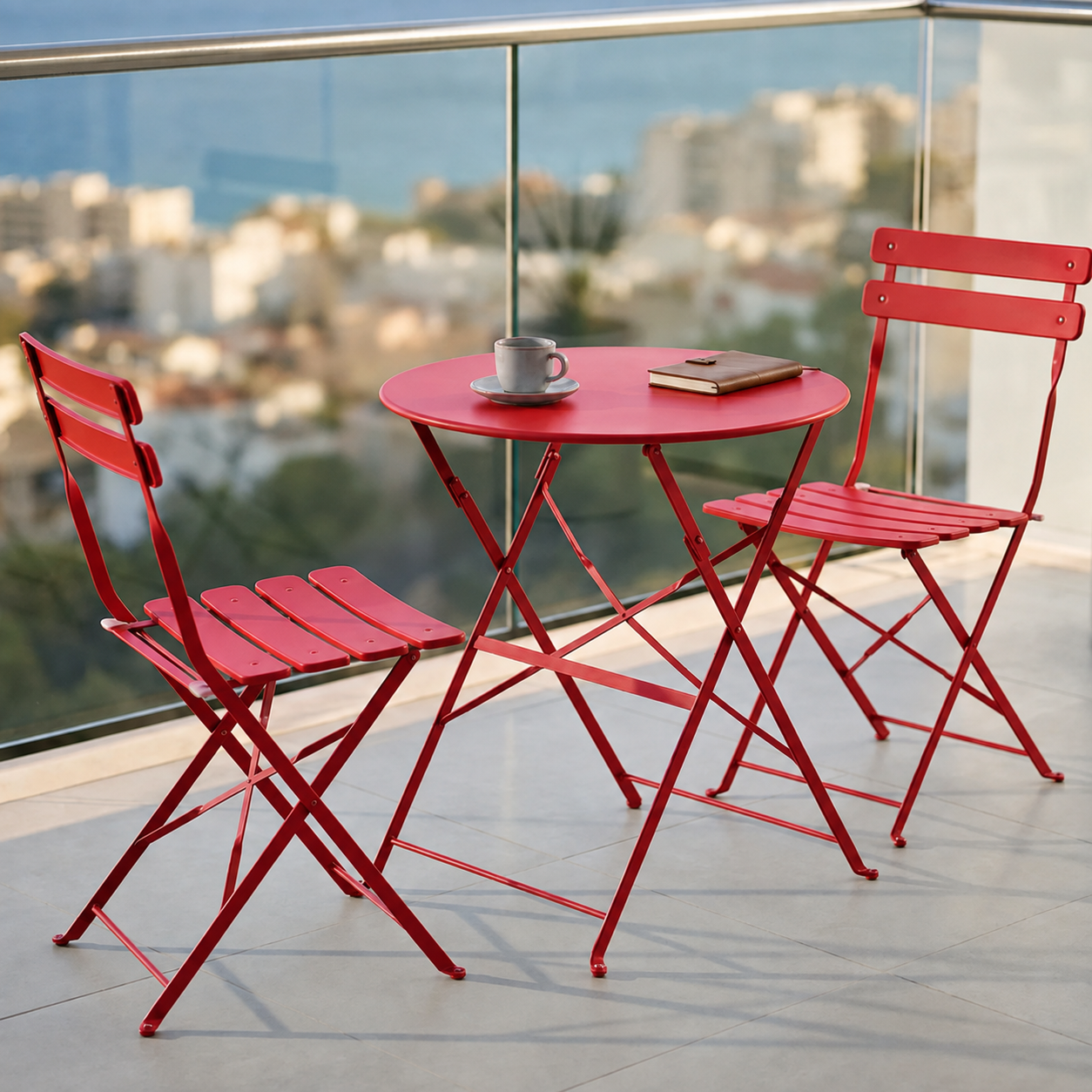 סט ביסטרו מתקפל - אדום - שולחן עגול 60 ס"מ + 2 כיסאות - ברזל מגולוון