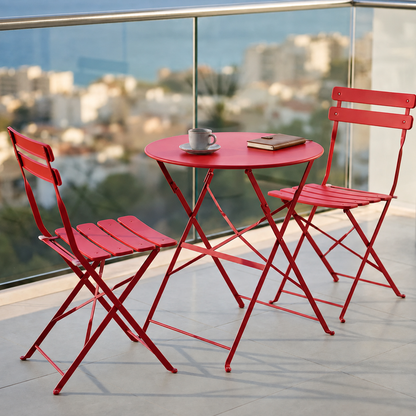 סט ביסטרו מתקפל - אדום - שולחן עגול 60 ס"מ + 2 כיסאות - ברזל מגולוון