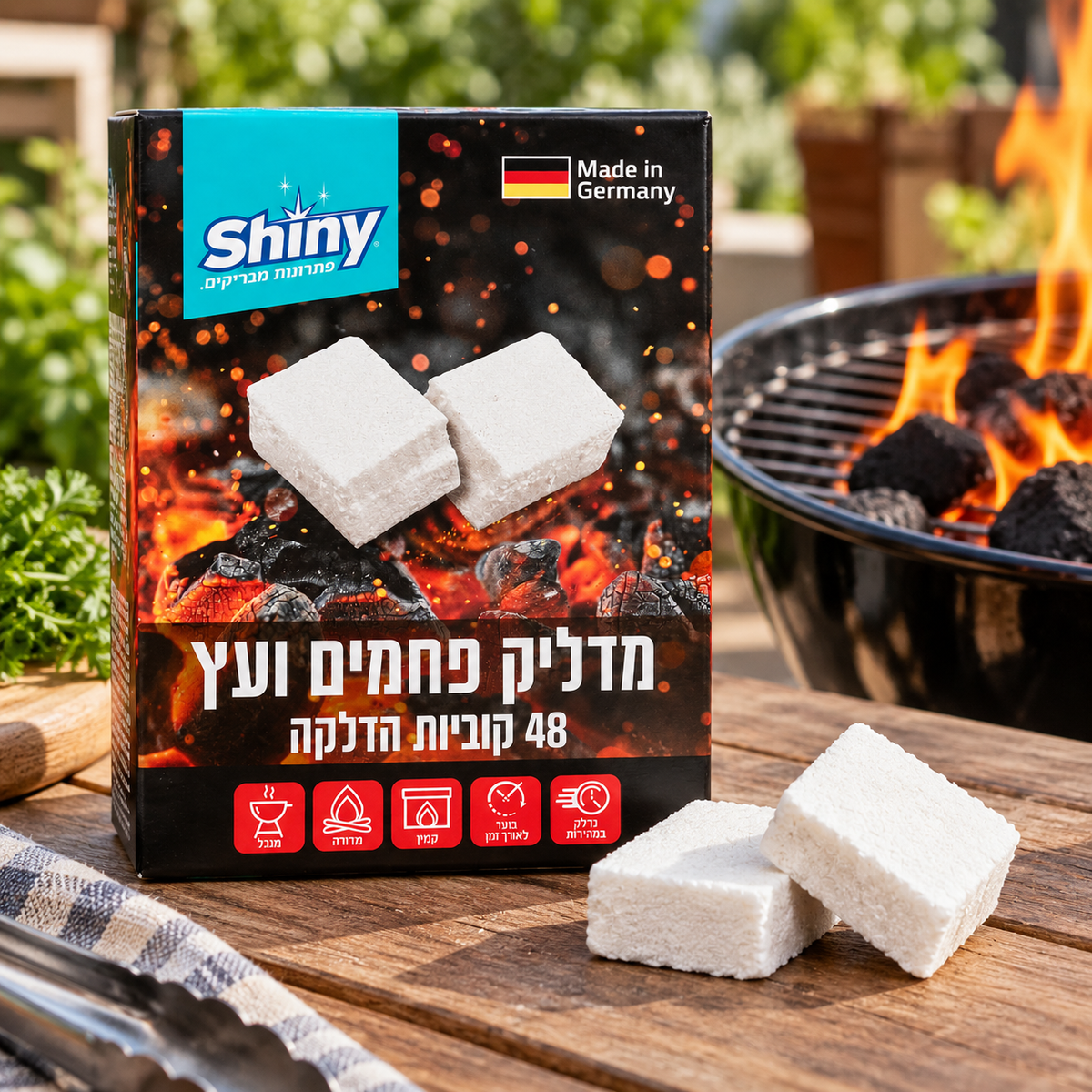 קוביות הצתה לפחמים ועץ מבית Shiny - הדלקה מהירה למנגל ולמדורה, ללא נייר וללא ריח נוזל