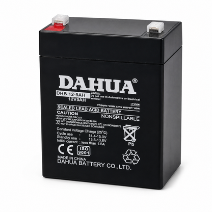 סוללה נטענת 12 וולט DAHUA DHB 12-5AH למערכות אזעקה, אבטחה ושימושים אלקטרוניים מגוונים