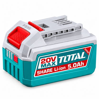 סוללת ליתיום-איון TOTAL בעוצמת 20V וקיבולת 5.0Ah, עם חיווי LED לרמת טעינה, מתאימה למגוון כלי עבודה