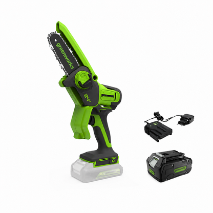 Greenworks G24MCS10K2 מסור שרשרת מיני 24V + סוללה 4Ah ומטען מיקרו